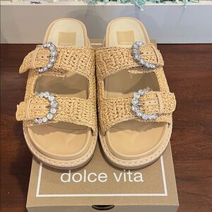 Dolce Vita Beige Woven Sandals with Crystal Buckles